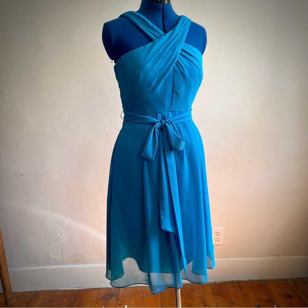 NWT Peacock Blue Chiffon Tea Length Dress, size 6